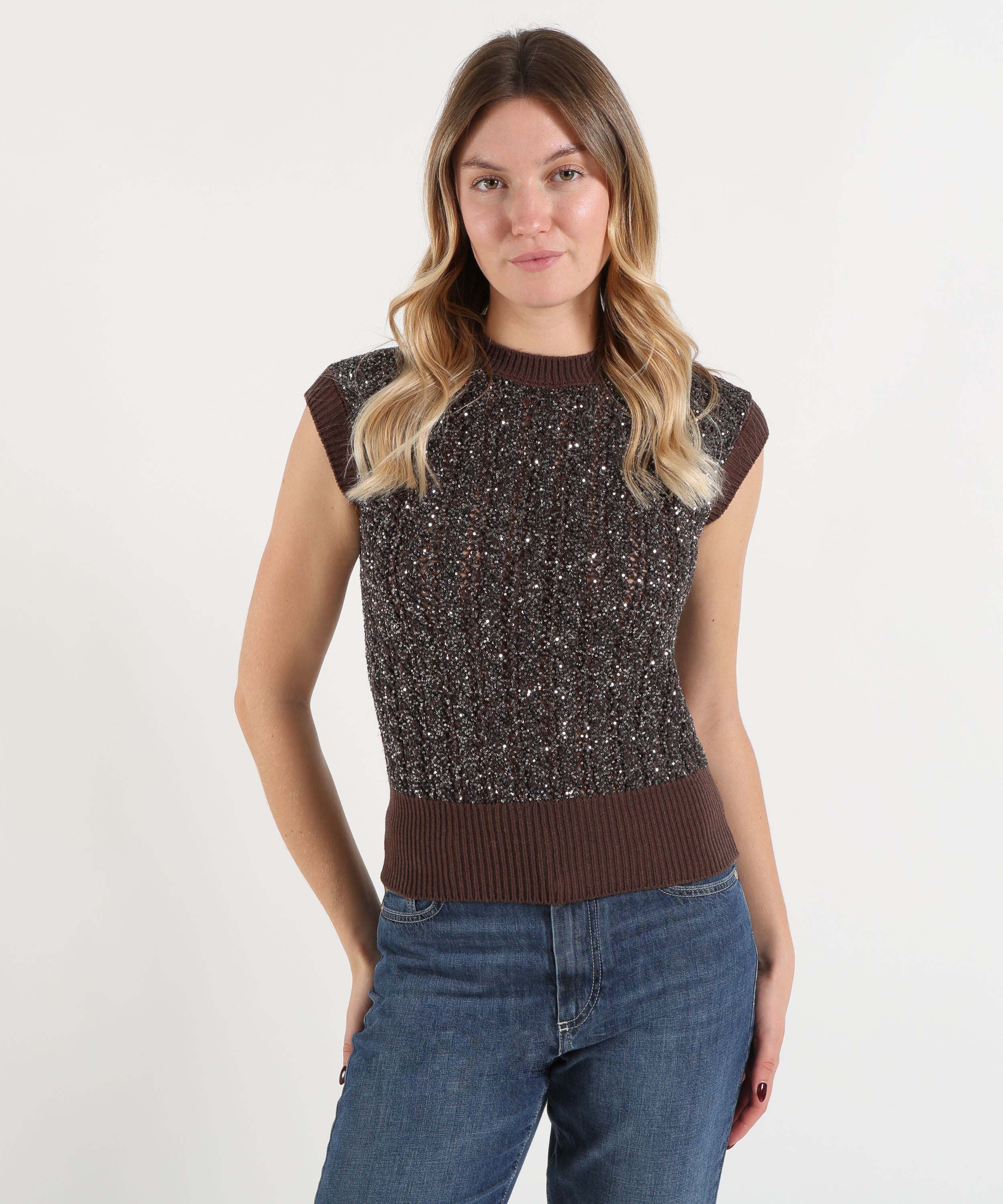 Gilet D.EXTERIOR Gilet Donna in Maglia con Paillettes e Scollo Tondo Cioccolato | D.EXTERIOR