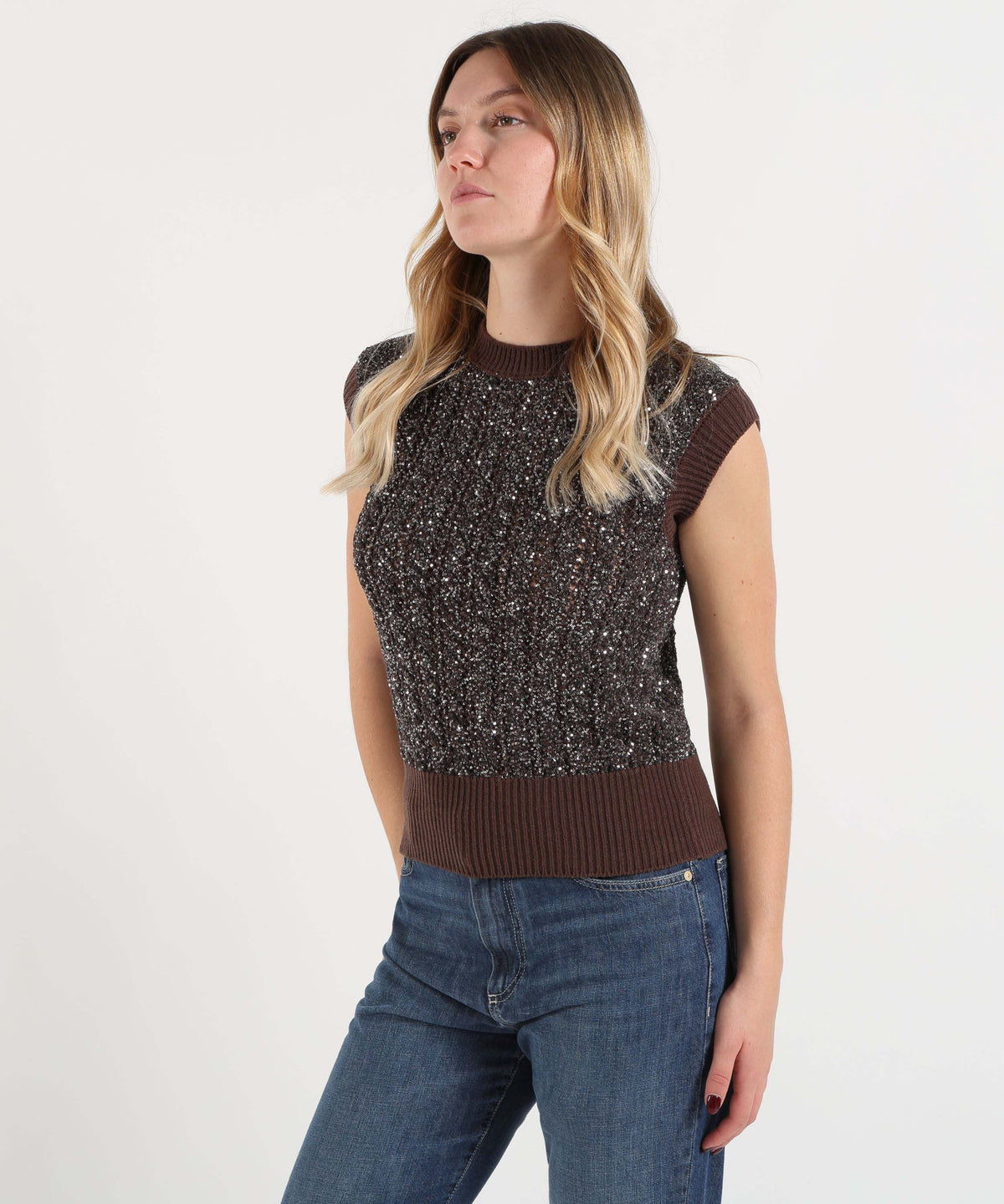 D.EXTERIOR Gilet Donna in Maglia con Paillettes e Scollo Tondo