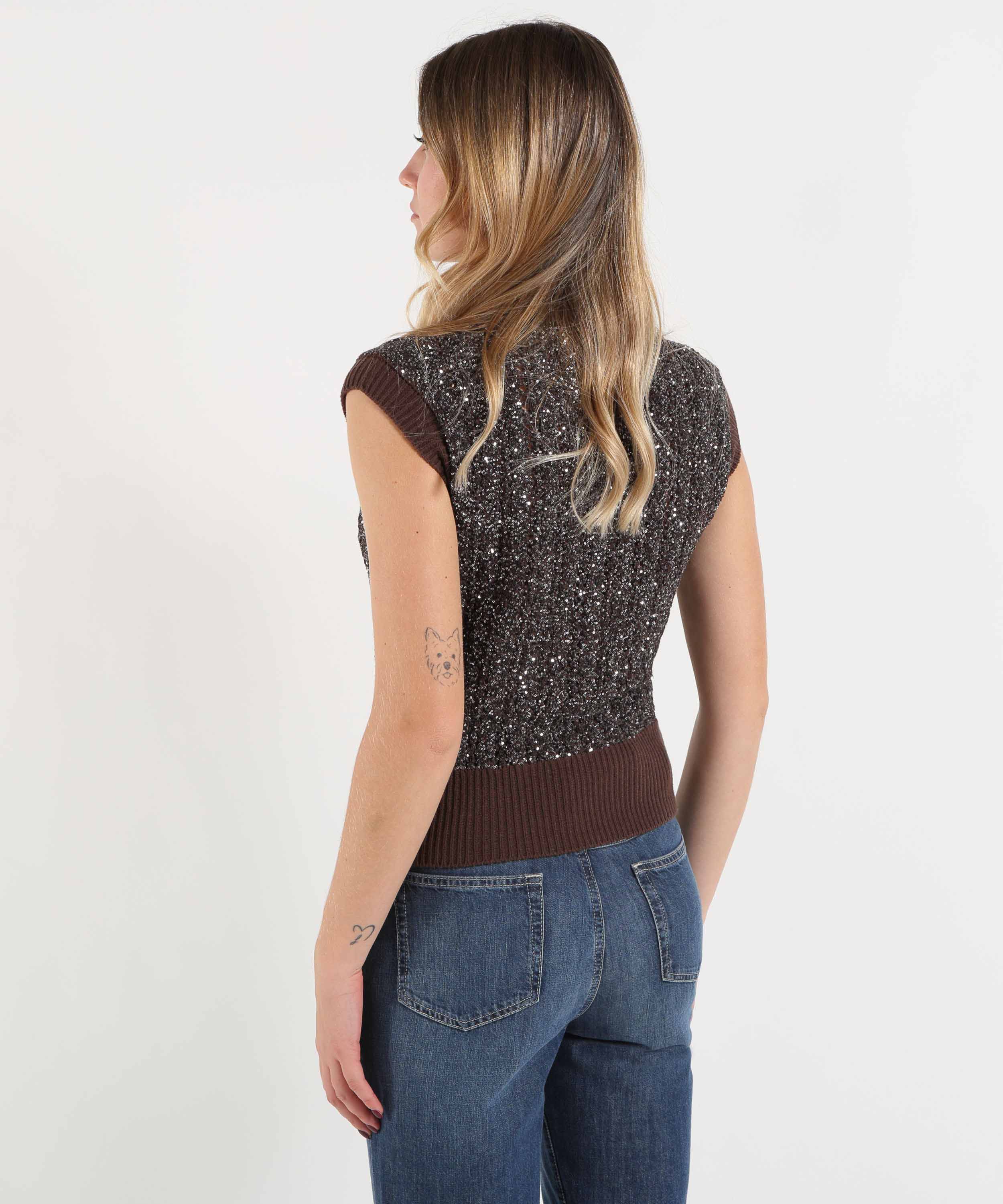 Gilet D.EXTERIOR Gilet Donna in Maglia con Paillettes e Scollo Tondo Cioccolato | D.EXTERIOR
