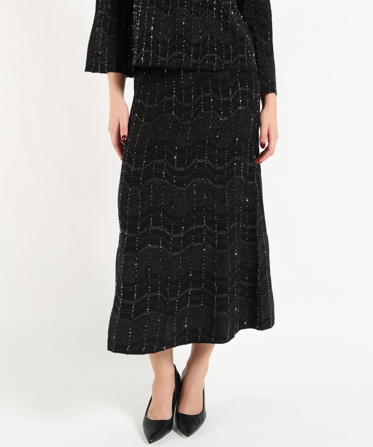 D.EXTERIOR Gonna Midi in Maglia con Motivo Geometrico, Filo Lurex e Paillettes