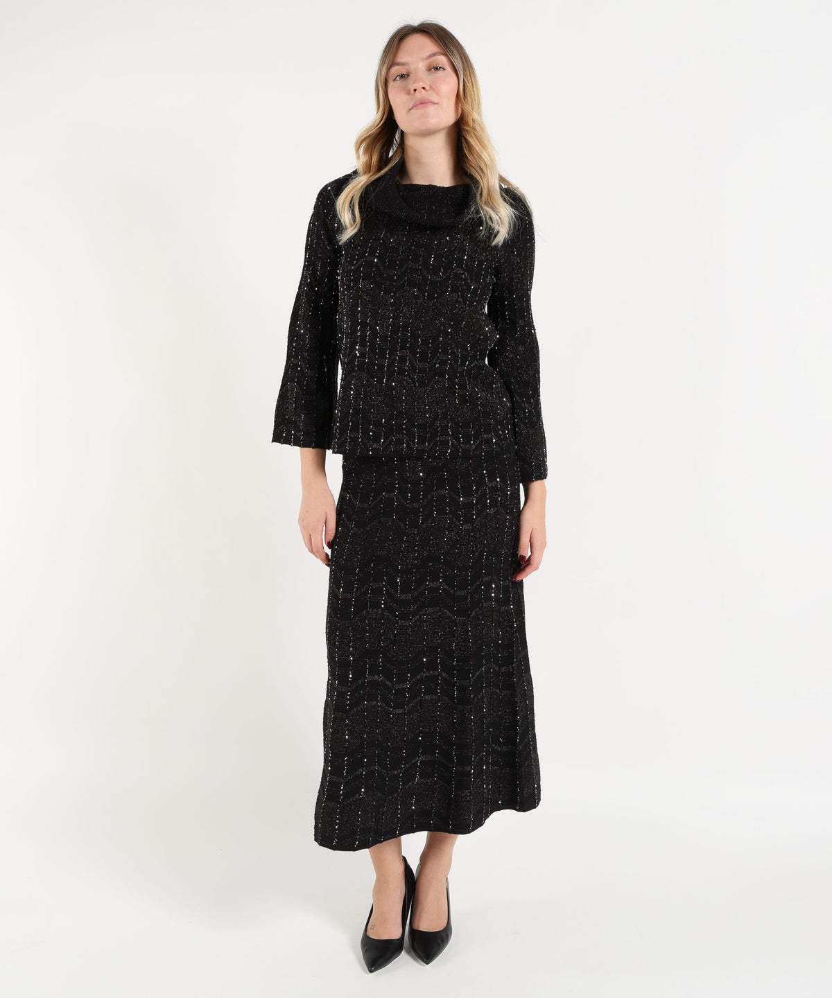 D.EXTERIOR Gonna Midi in Maglia con Motivo Geometrico, Filo Lurex e Paillettes