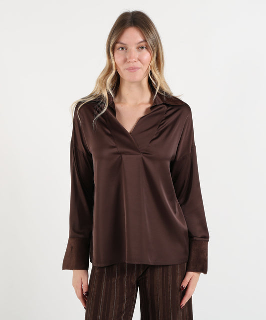 Camicie D.EXTERIOR Camicia Donna con Scollo a V e Texture Effetto Cavallino Cioccolato | D.EXTERIOR