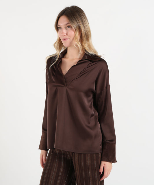 Camicie D.EXTERIOR Camicia Donna con Scollo a V e Texture Effetto Cavallino Cioccolato | D.EXTERIOR