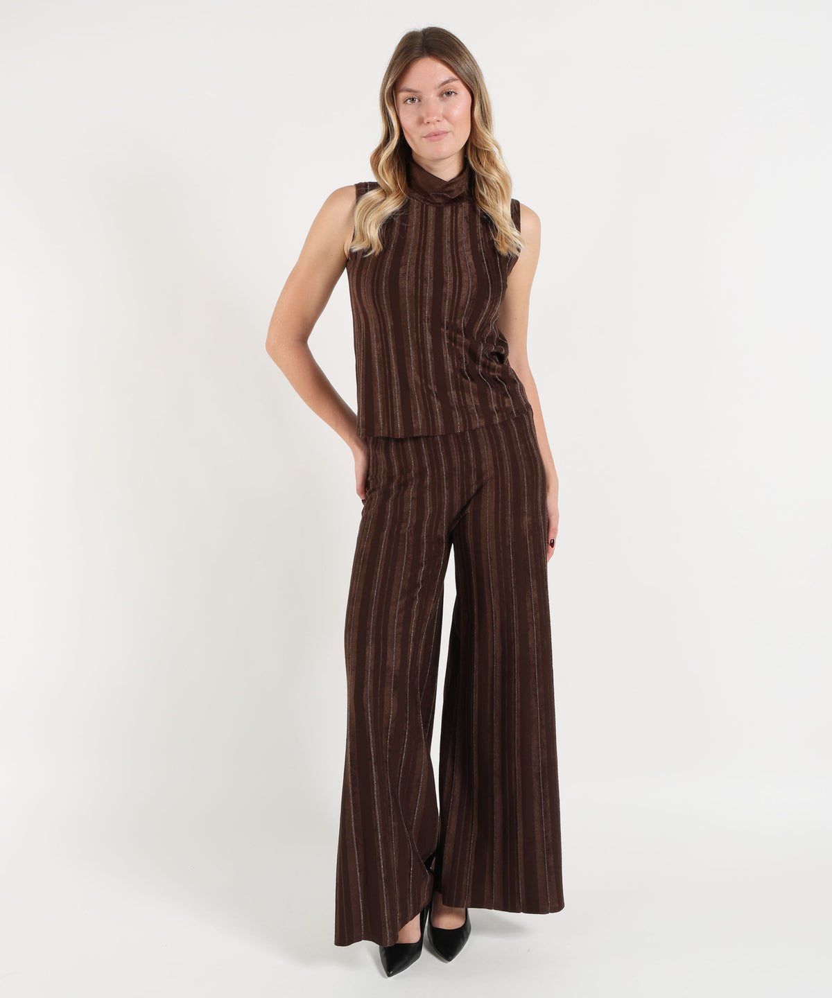 D.EXTERIOR Pantalone Palazzo Donna con Righe a Contrasto