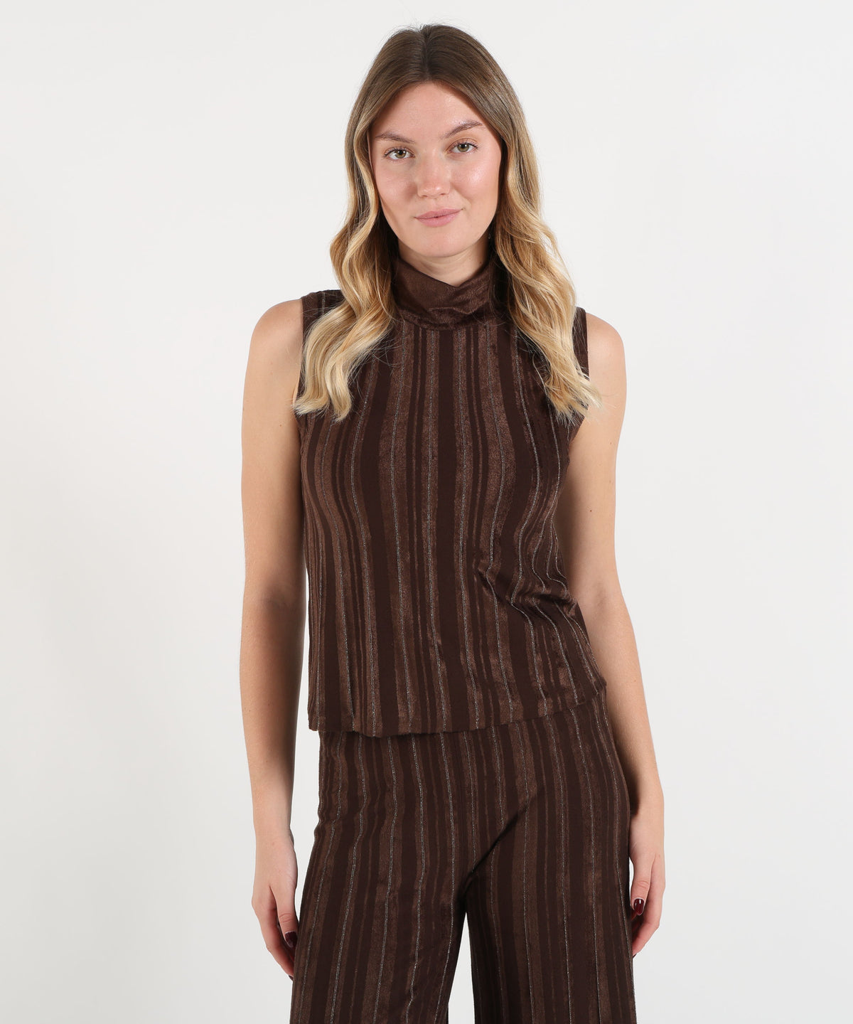D.EXTERIOR Top Donna Smanicato a Mezzo Collo con Righe a Contrasto