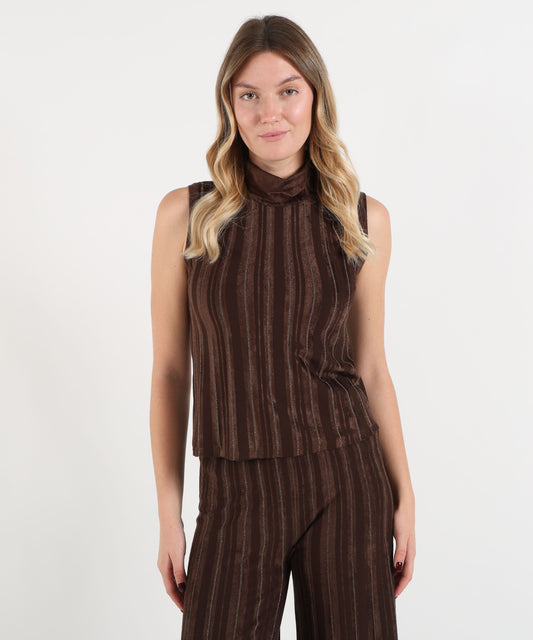 Tops D.EXTERIOR Women's Sleeveless Mock-Neck Top with Contrast Stripes Cioccolato | D.EXTERIOR