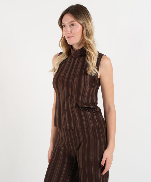 Tops D.EXTERIOR Women's Sleeveless Mock-Neck Top with Contrast Stripes Cioccolato | D.EXTERIOR