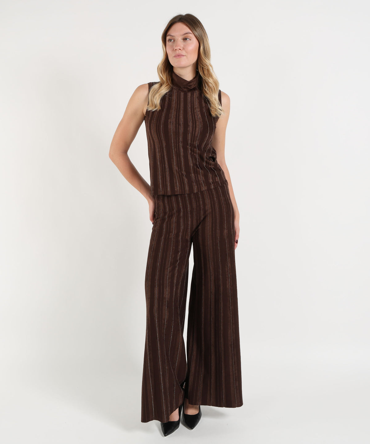 D.EXTERIOR Top Donna Smanicato a Mezzo Collo con Righe a Contrasto
