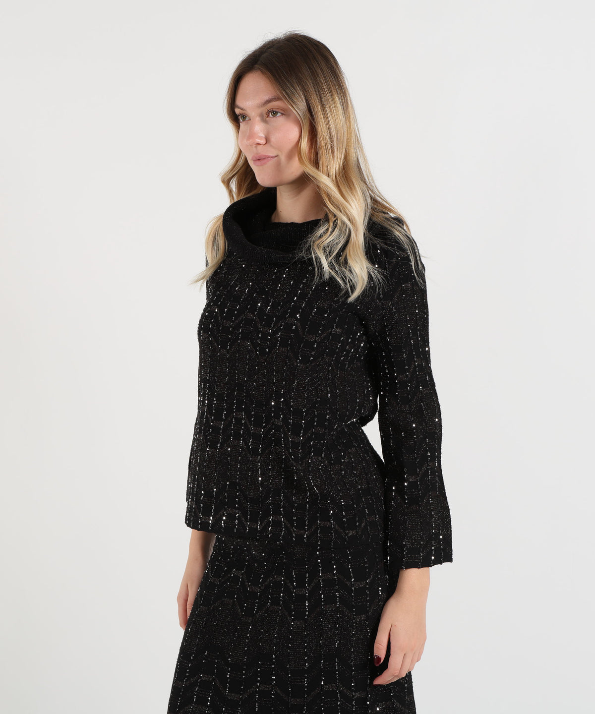 Maglie D.EXTERIOR Maglione Donna con Collo a Ciambella, Maniche a Campana e Dettagli Luminosi Nero | D.EXTERIOR