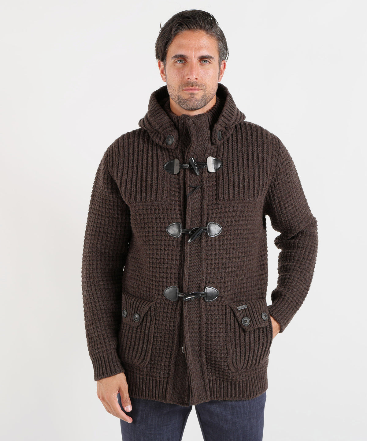 BARK Short Duffle Coat in Maglia con Punto Bark e Cappuccio Staccabile