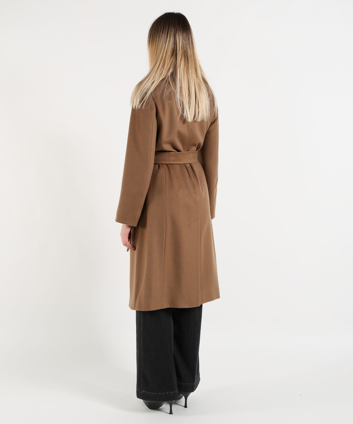 MAX MARA studio Cappotto Lungo Doppiopetto in Drap di Pura Lana con Cintura