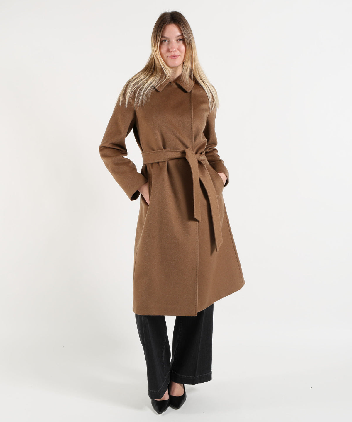 Cappotti MAX MARA studio Cappotto Lungo Doppiopetto in Drap di Pura Lana con Cintura Cammello | MAX MARA studio