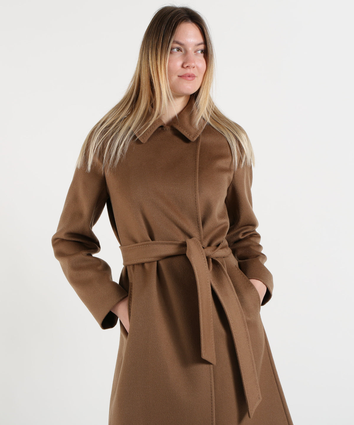 Cappotti MAX MARA studio Cappotto Lungo Doppiopetto in Drap di Pura Lana con Cintura Cammello | MAX MARA studio
