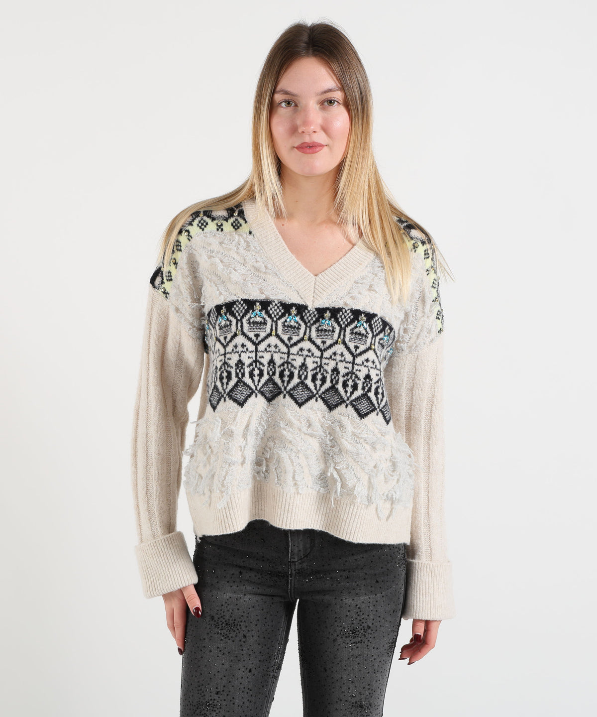 LIUJO WHITE Maglia jacquard con ricami gioiello