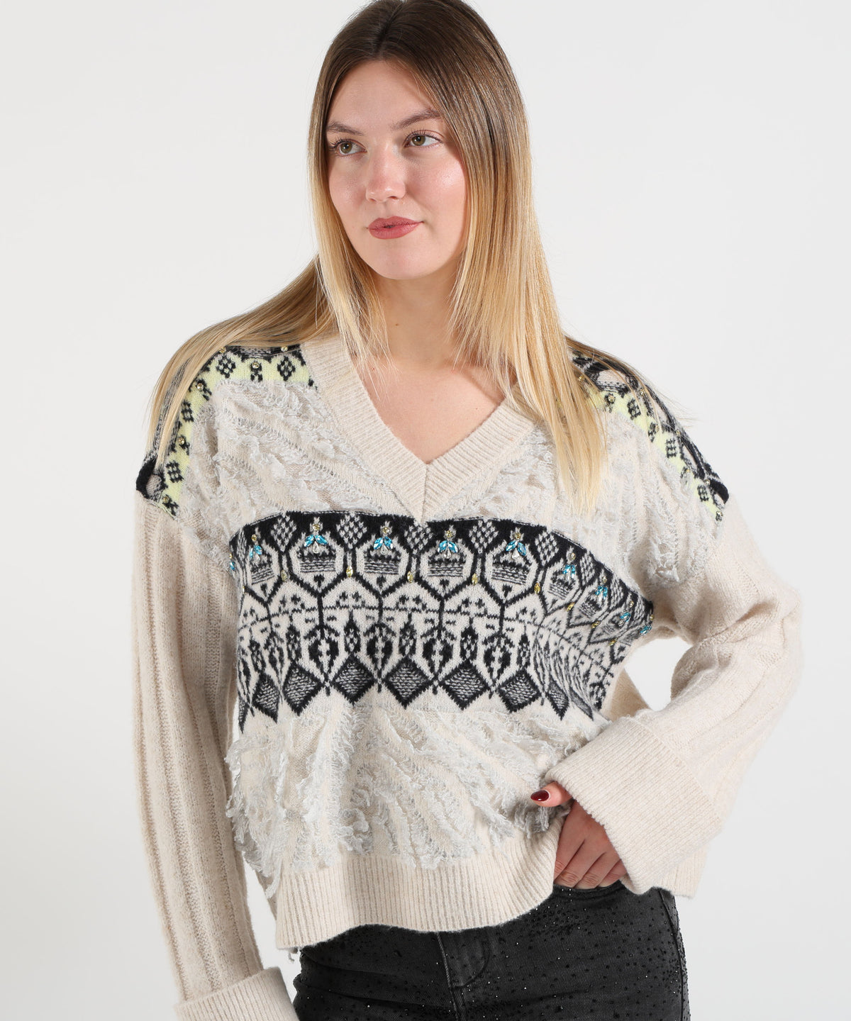 Maglie LIUJO WHITE Maglia jacquard con ricami gioiello Fantasia | LIUJO WHITE
