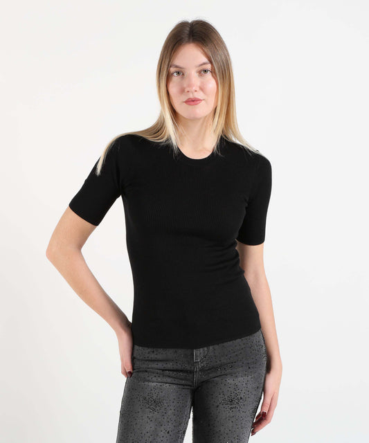 Knitwear P.A.R.O.S.H. Ribbed Short-Sleeve Top Nero | P.A.R.O.S.H.