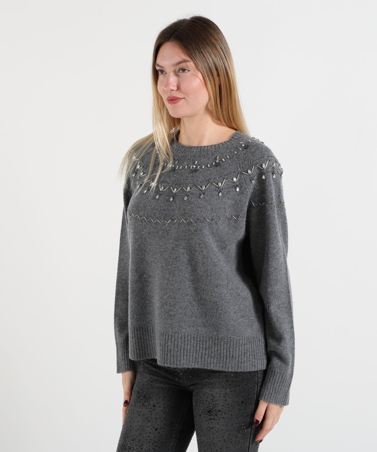 Maglie LIUJO WHITE Maglia in lana con ricami gioiello Grigio | LIUJO WHITE
