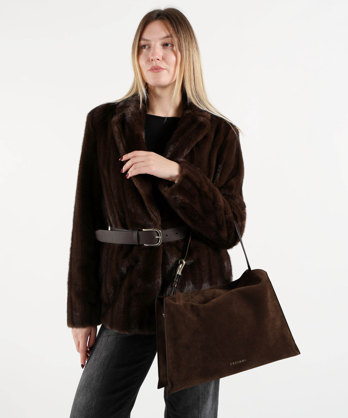Borse ORCIANI Borsa Trinity Peach Oro Midi a spalla in suede e cuoio Testa di moro | ORCIANI