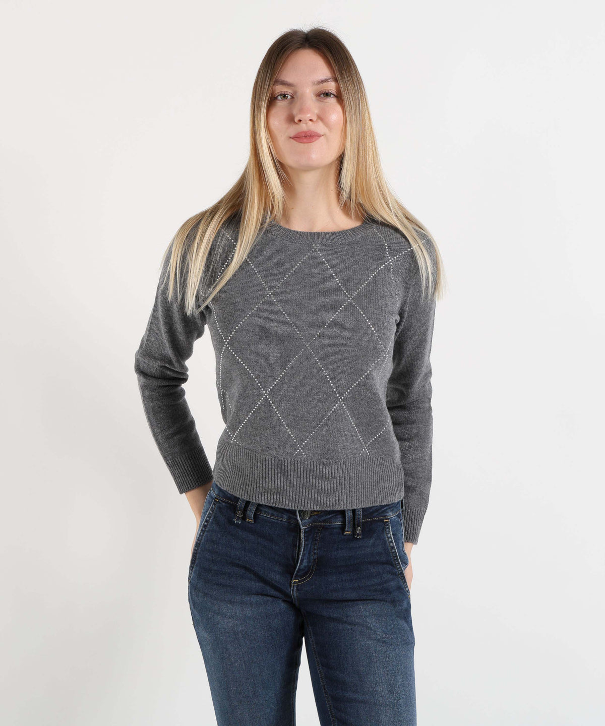 Maglie MAIDA MILA Maglione Donna Girocollo con Rombi e Borchiette Grigio | MAIDA MILA