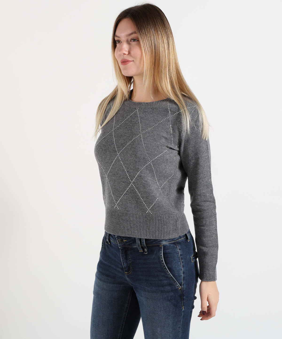 MAIDA MILA Maglione Donna Girocollo con Rombi e Borchiette
