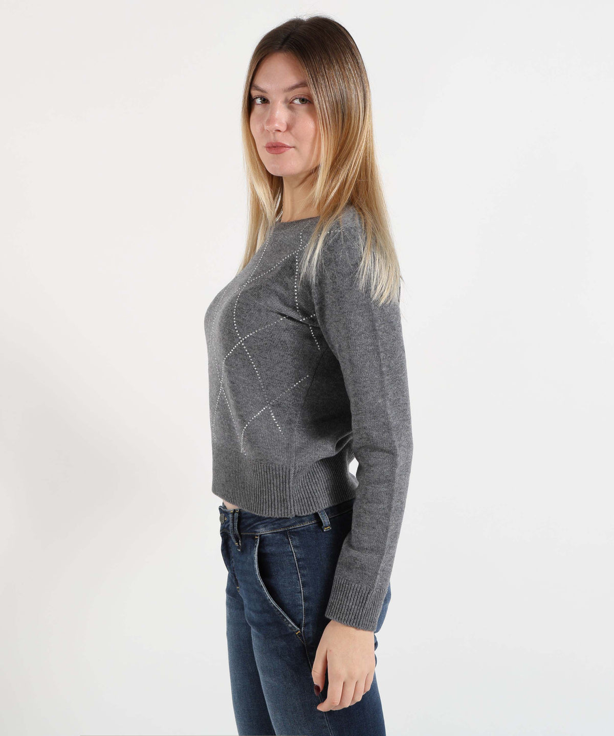 Maglie MAIDA MILA Maglione Donna Girocollo con Rombi e Borchiette Grigio | MAIDA MILA