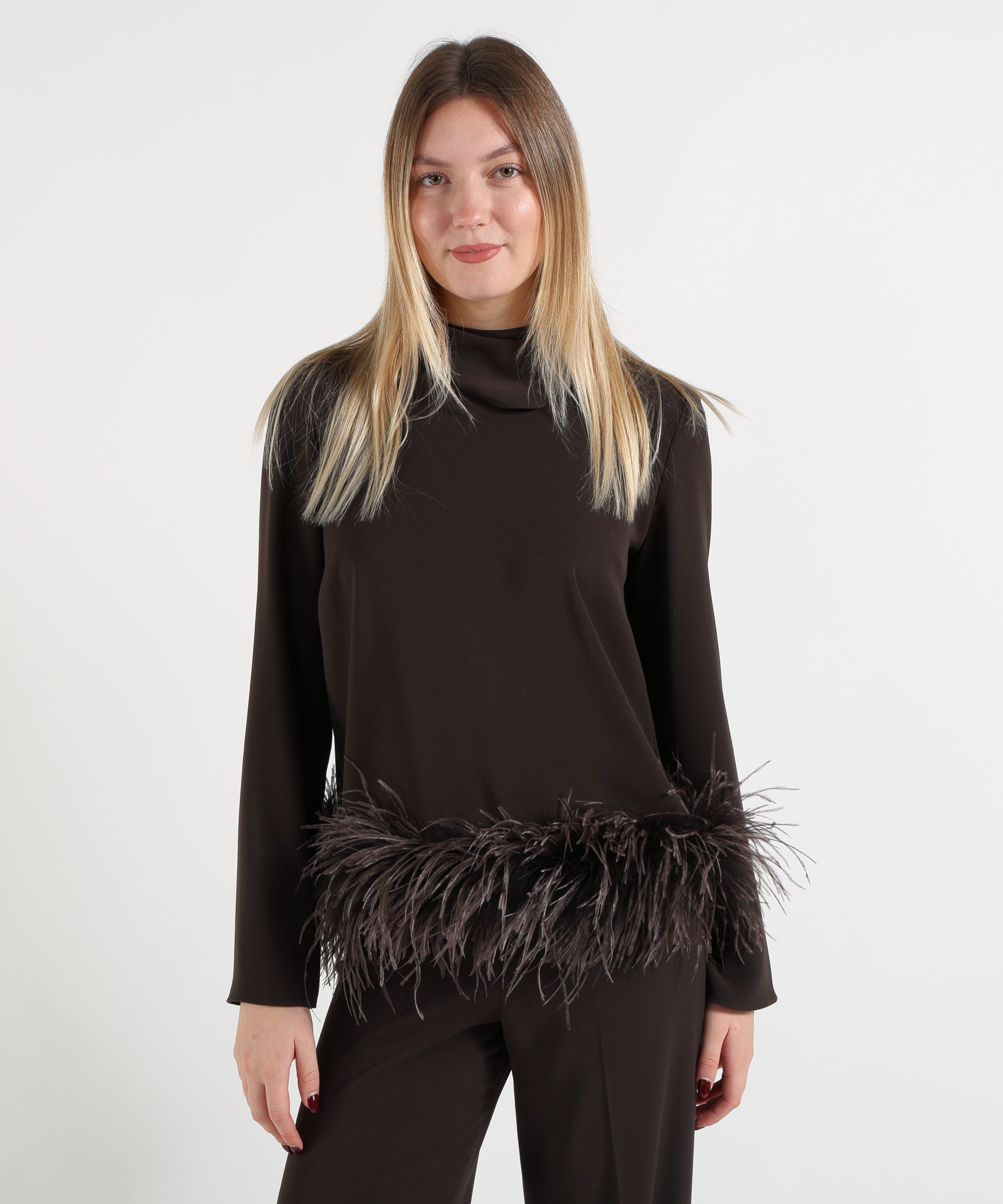 Blouses P.A.R.O.S.H. Women's Relaxed-Fit Blouse with Feather-Trimmed Hem and Detachable Scarf Testa di moro | P.A.R.O.S.H.