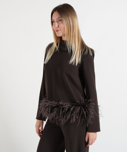 Blouses P.A.R.O.S.H. Women's Relaxed-Fit Blouse with Feather-Trimmed Hem and Detachable Scarf Testa di moro | P.A.R.O.S.H.