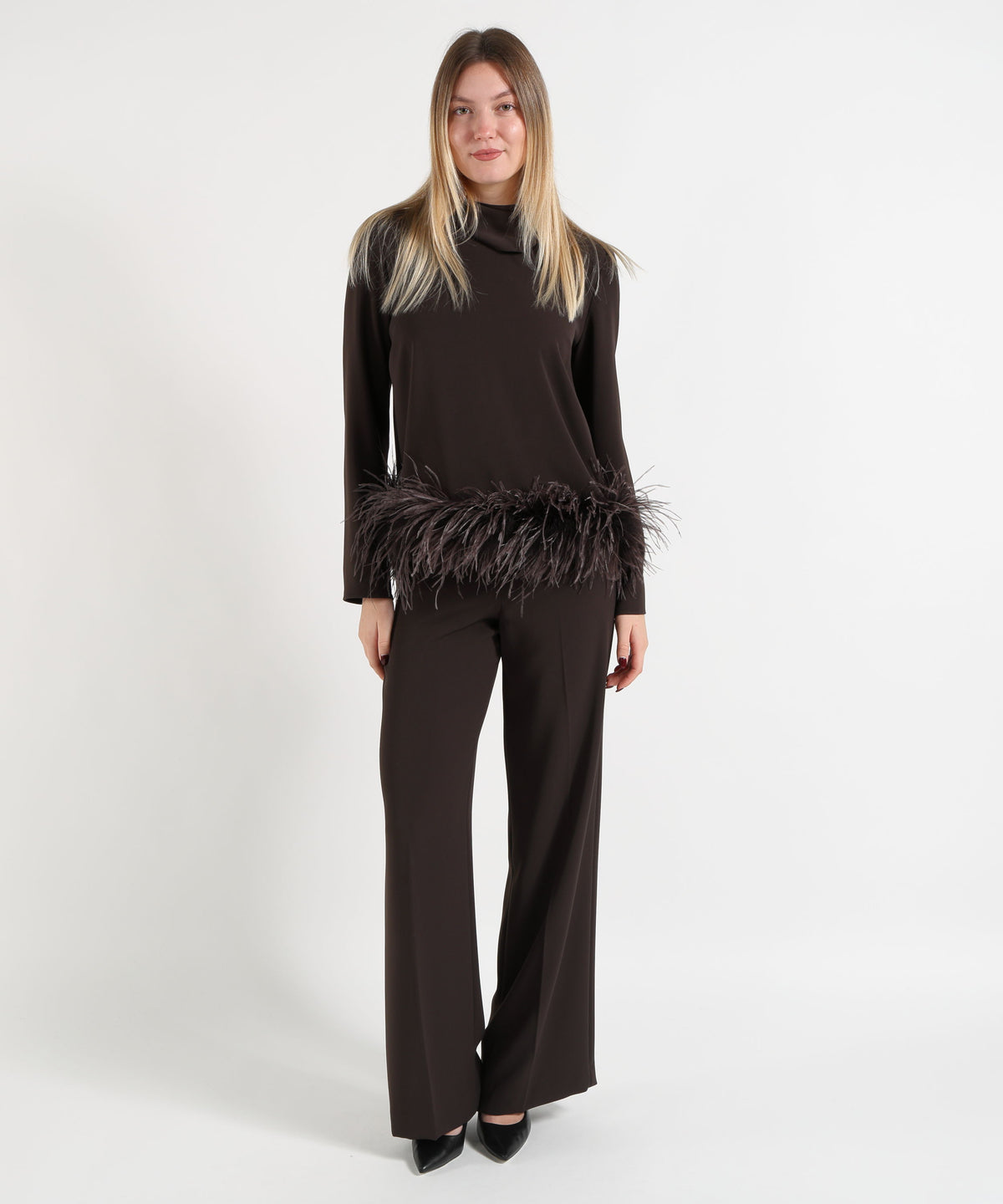 Blouses P.A.R.O.S.H. Women's Relaxed-Fit Blouse with Feather-Trimmed Hem and Detachable Scarf Testa di moro | P.A.R.O.S.H.
