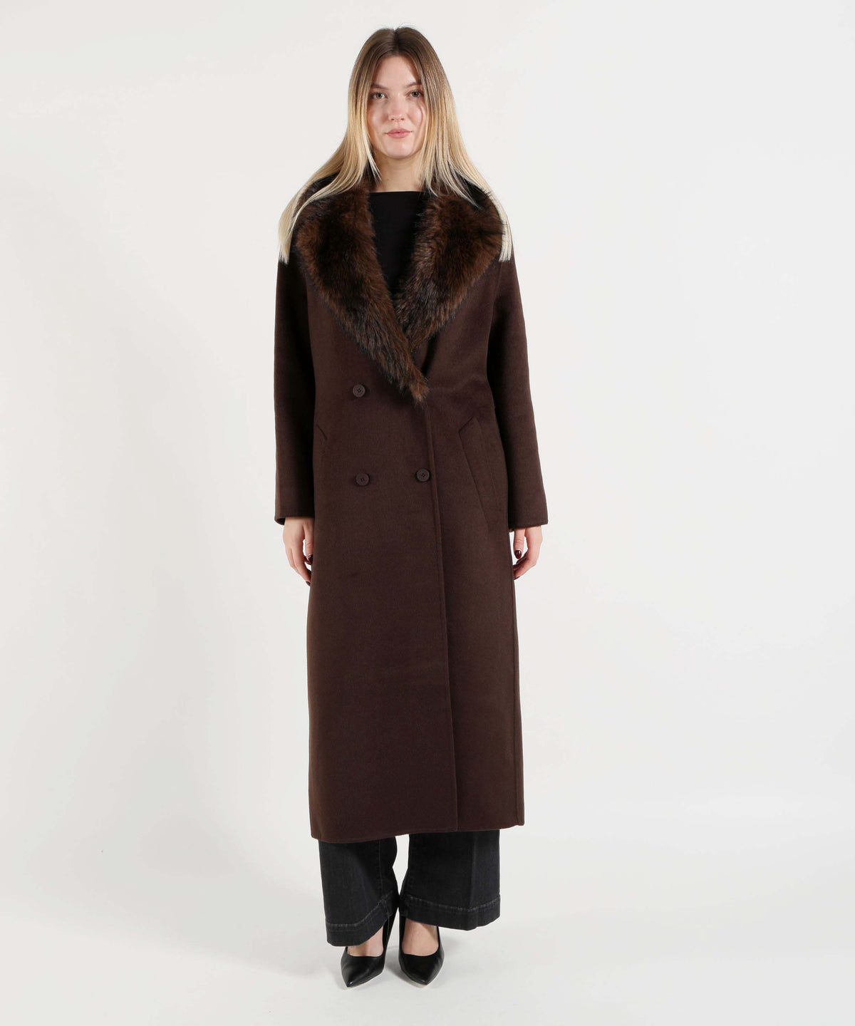 KAOS Women's Long Brown Double-Breasted Coat with Fur Collar