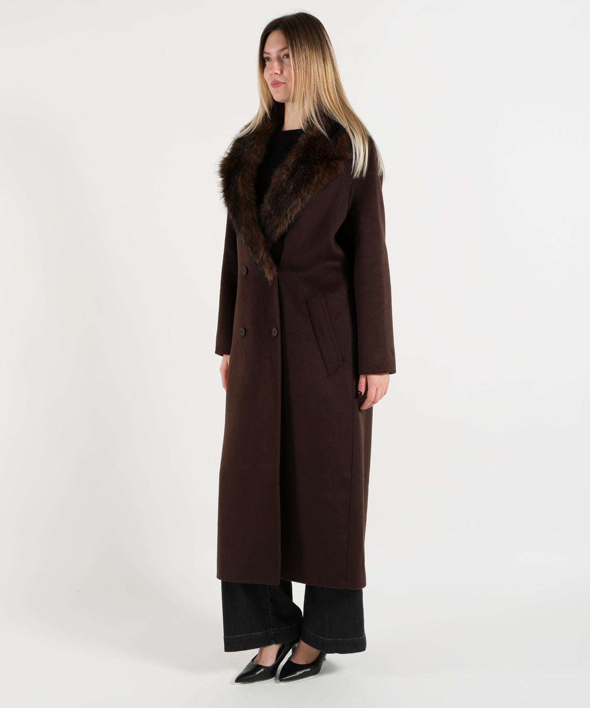Coats KAOS Women's Long Brown Double-Breasted Coat with Fur Collar Marrone | KAOS