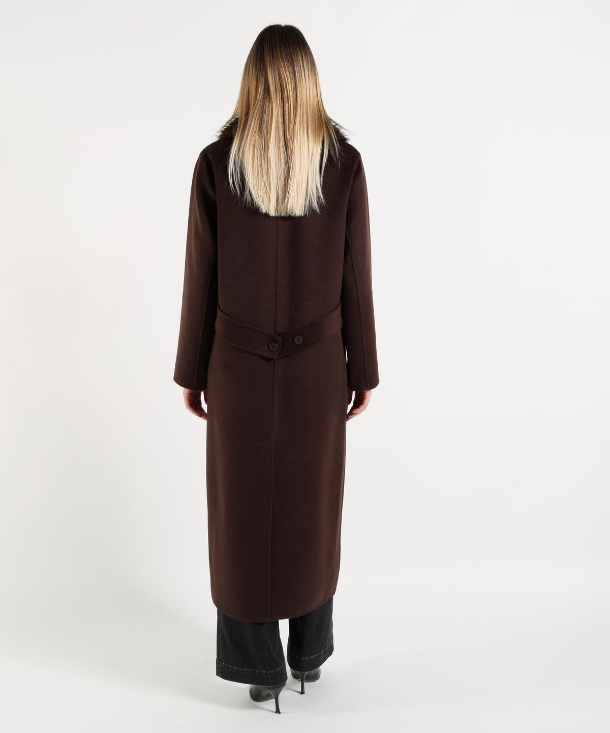 KAOS Women's Long Brown Double-Breasted Coat with Fur Collar