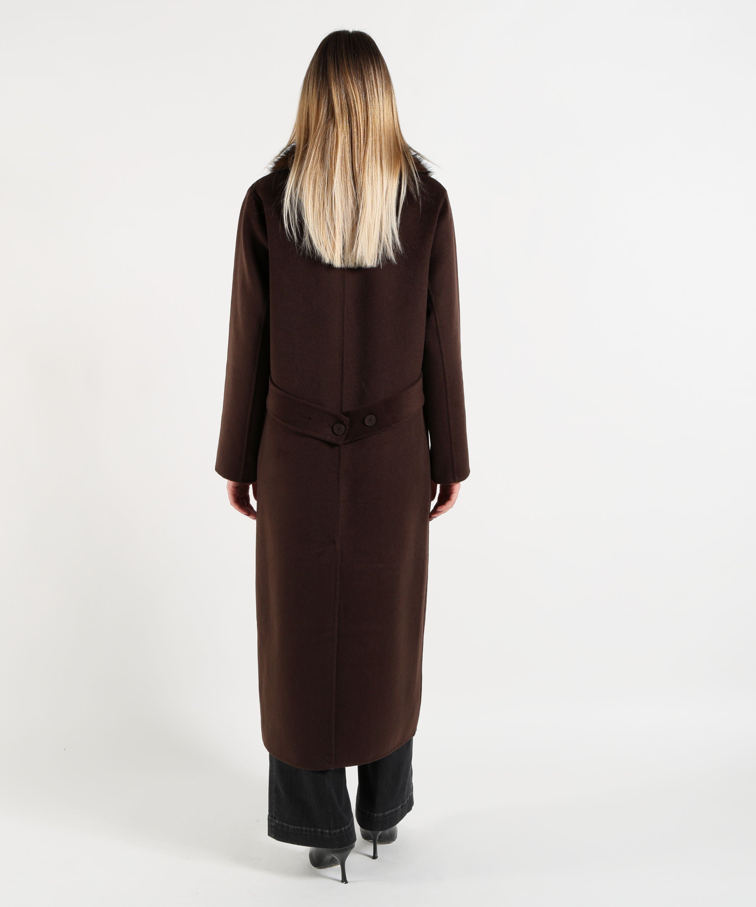 Cappotti KAOS Cappotto Donna Lungo Doppiopetto Marrone con Collo in Pelliccia Marrone | KAOS