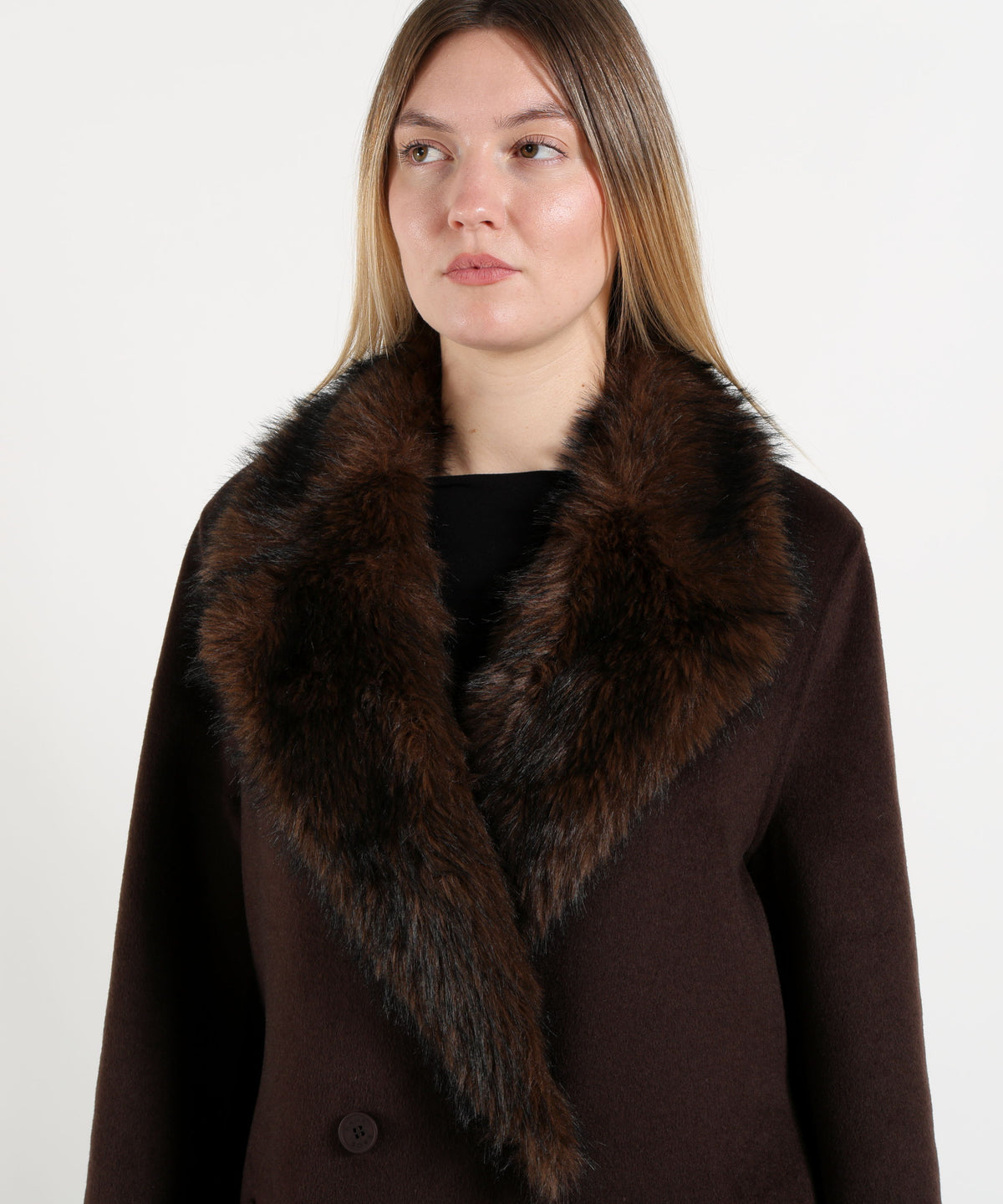 KAOS Women's Long Brown Double-Breasted Coat with Fur Collar