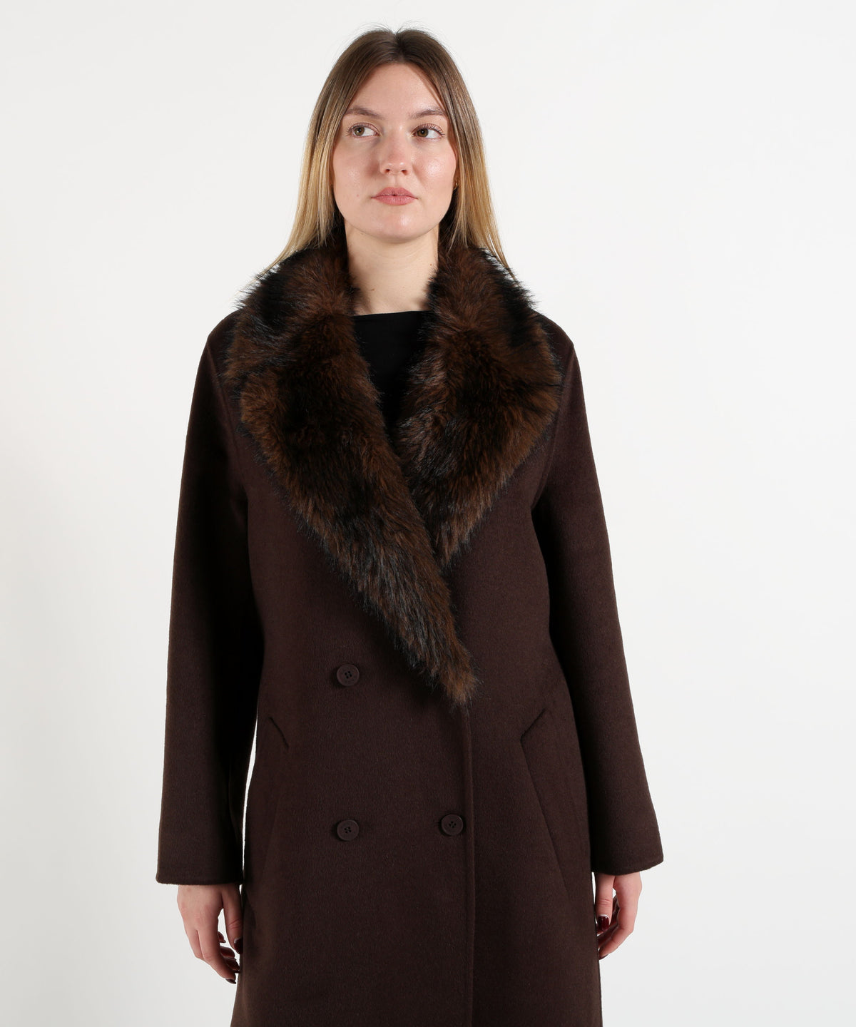 KAOS Women's Long Brown Double-Breasted Coat with Fur Collar