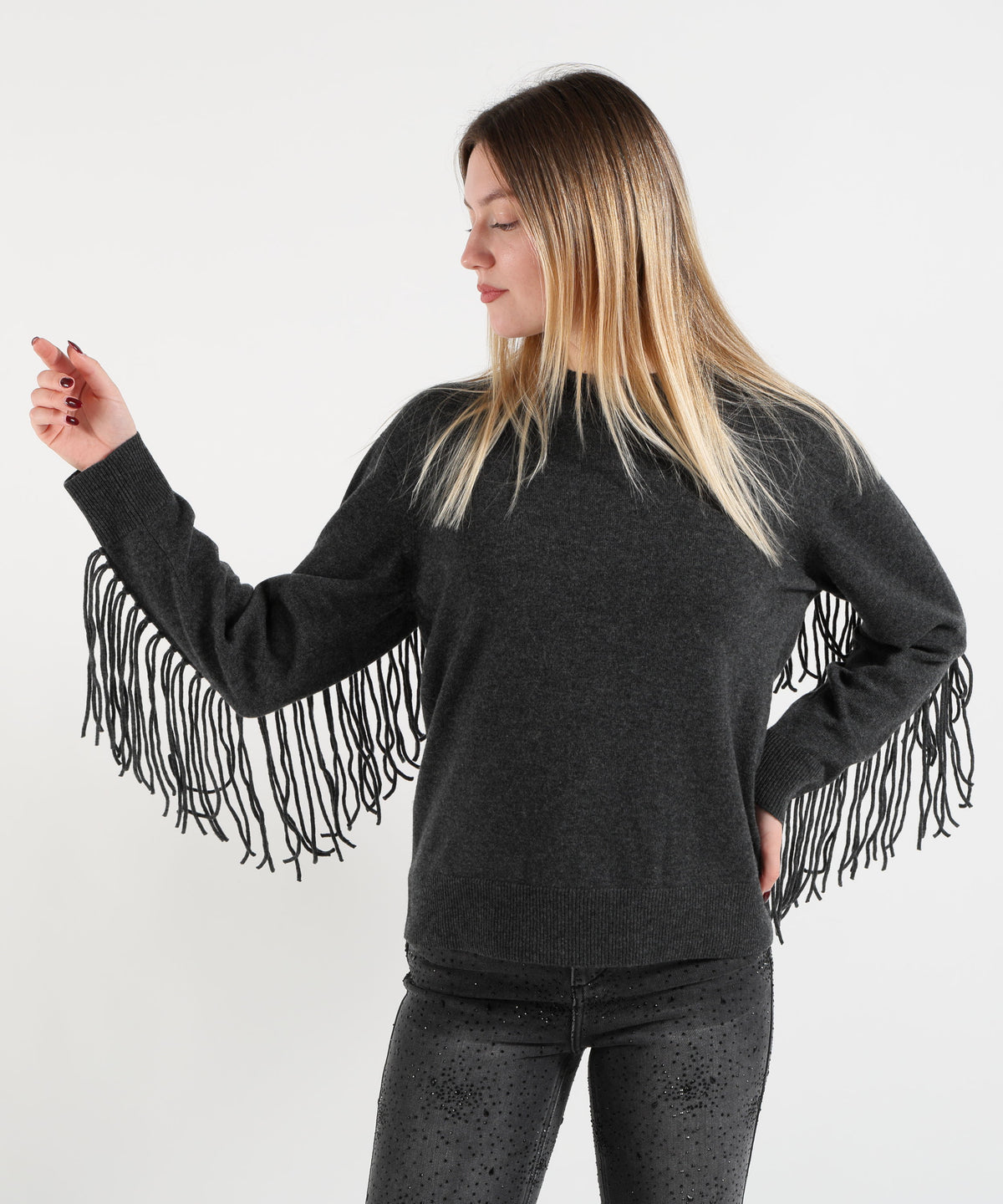 P.A.R.O.S.H. Anthracite Cashmere Sweater with Fringes