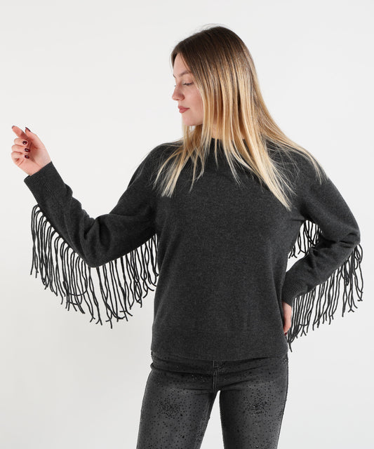 Maglie P.A.R.O.S.H. Maglione Antracite in Cashmere con Frange Antracite | P.A.R.O.S.H.