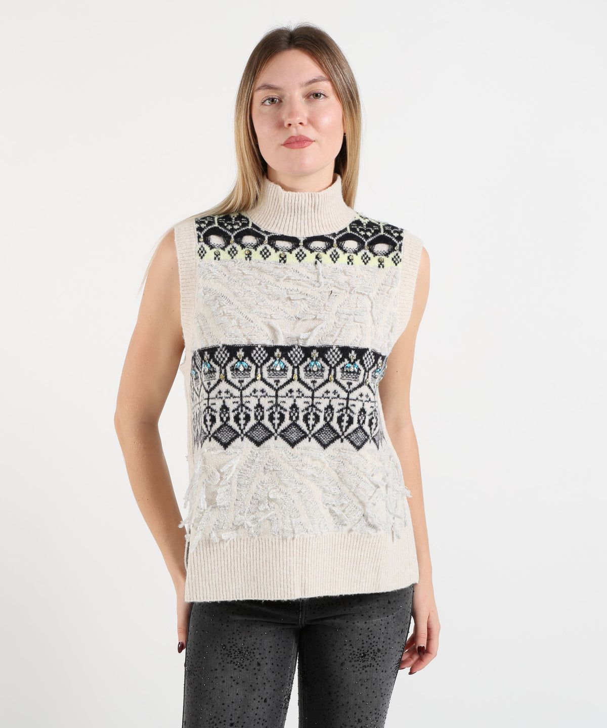 Gilet LIUJO WHITE Gilet jacquard con ricami gioiello Fantasia | LIUJO WHITE