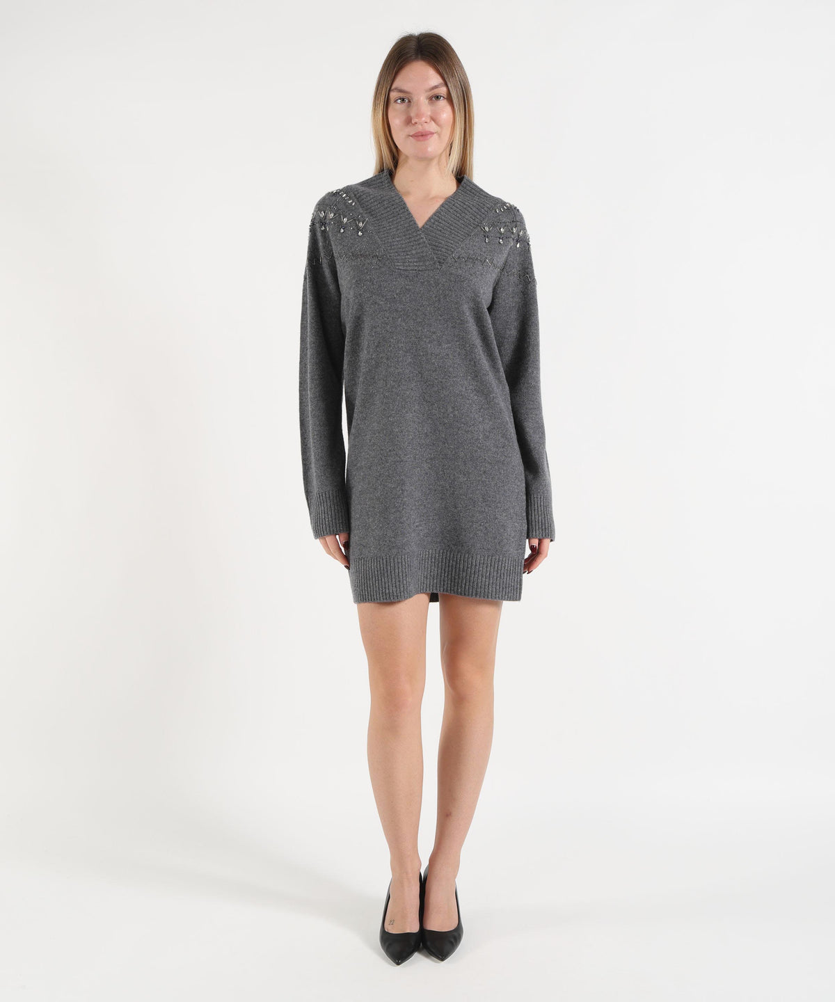 LIUJO WHITE Knit Dress with Jewel Embellishments