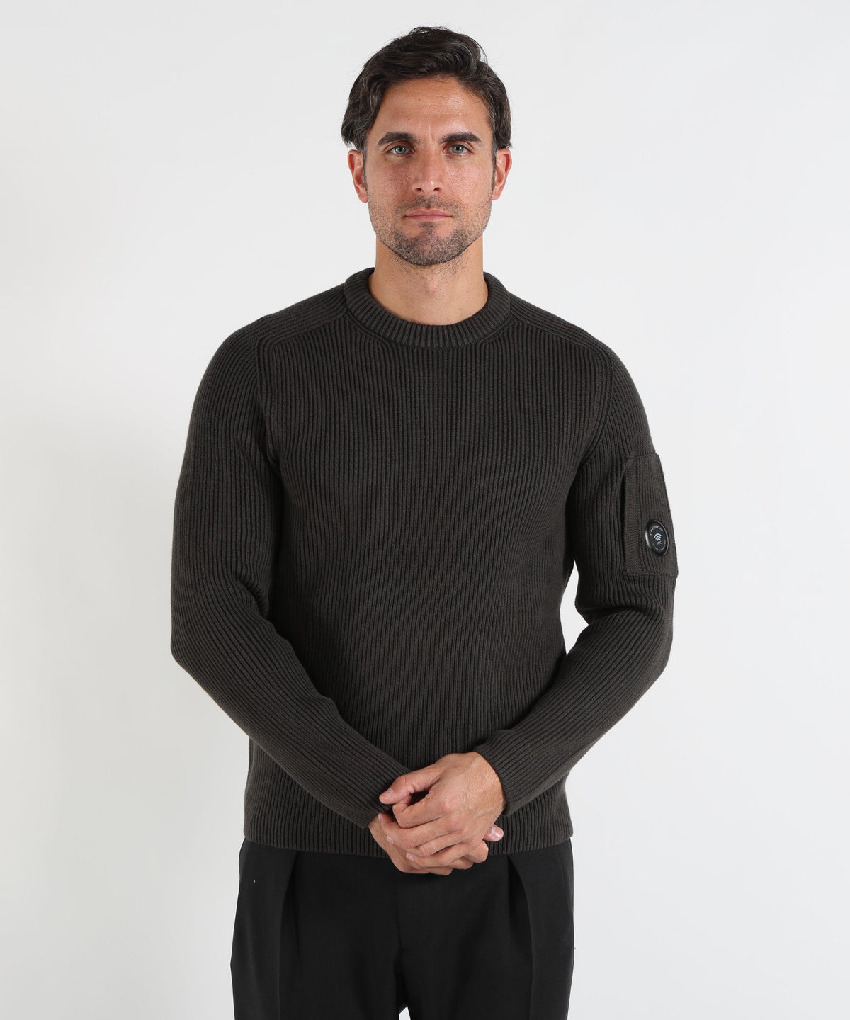 Maglie C.P. COMPANY Full Rib Cotton Lens Crewneck Sweater Antracite | C.P. COMPANY